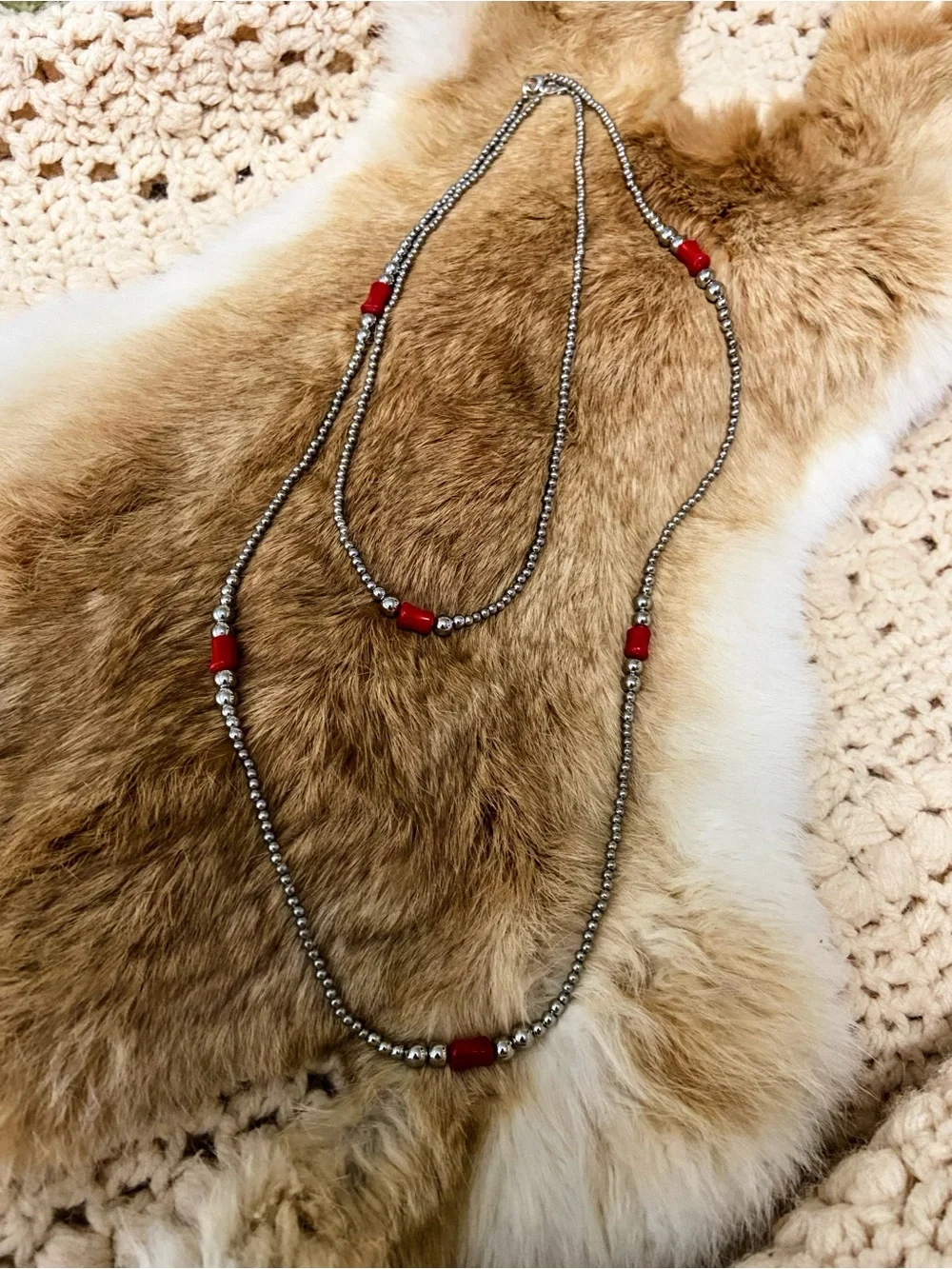 Silver Pearl & Red Coral Necklaces - Navajo Pearl Style - Stainless Steel - Picture 1 of 9